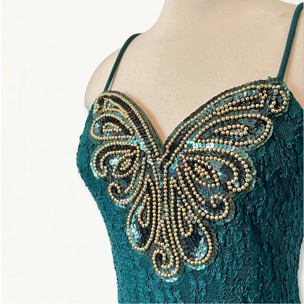 Vintage 1990s Frederick’s of Hollywood Green Lace Sequin + Studded Formal Dress - Picture 4 of 9